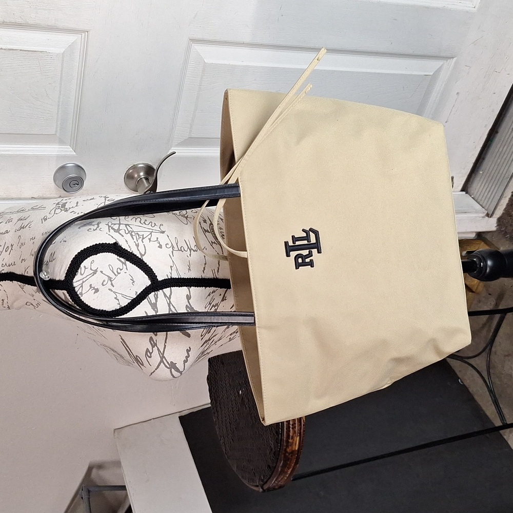 Ralph Lauren Beige Canvas Tote with Black Handles and RLL Logo